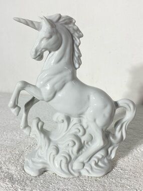 Vintage White Porcelain Rearing Unicorn Figurine Mythical Wave Statue Whimsical